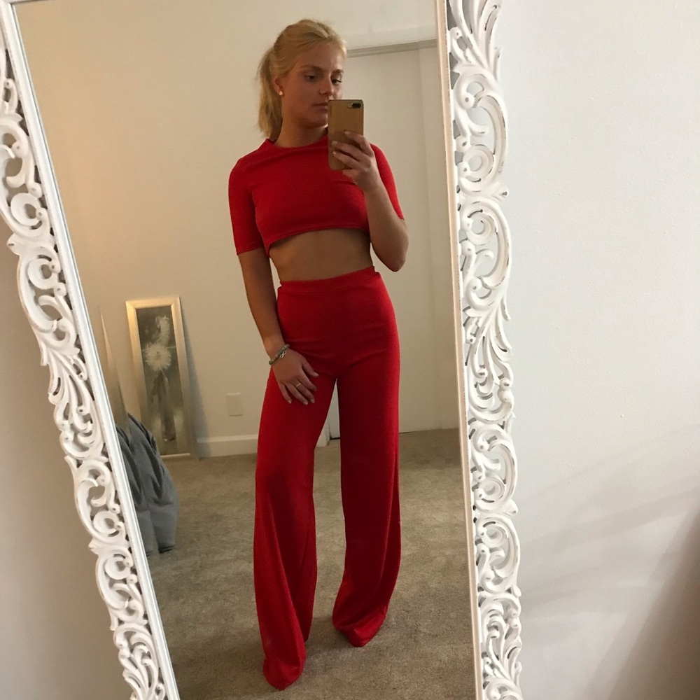 Red Two-Piece Crop Top and Pants Set